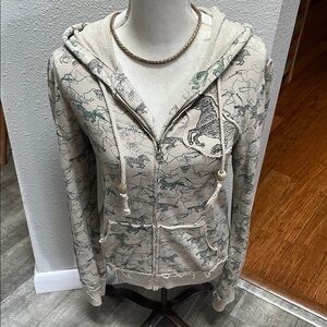 Blue Vintage Horse Print Beige Zip Hoodie